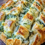 Cheesy spinach and artichoke pull-apart sourdough bread fresh out of the oven