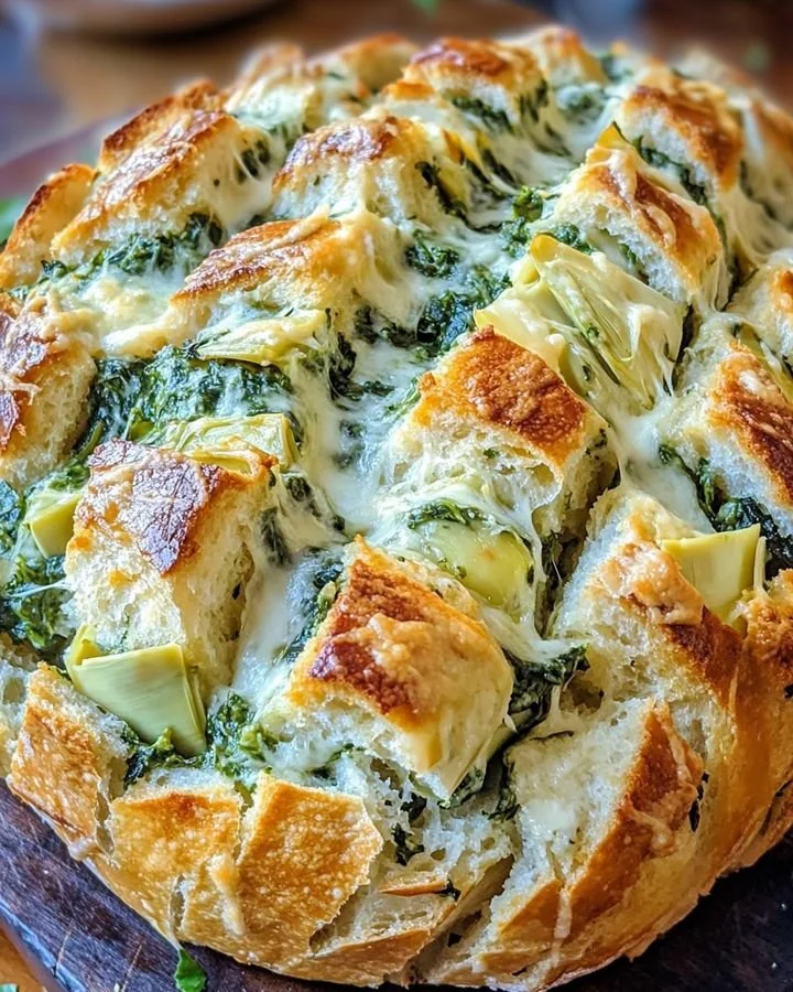 Cheesy spinach and artichoke pull-apart sourdough bread served in a basket