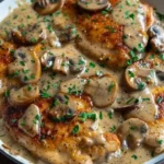 Chicken and mushroom skillet with creamy Asiago and mustard sauce