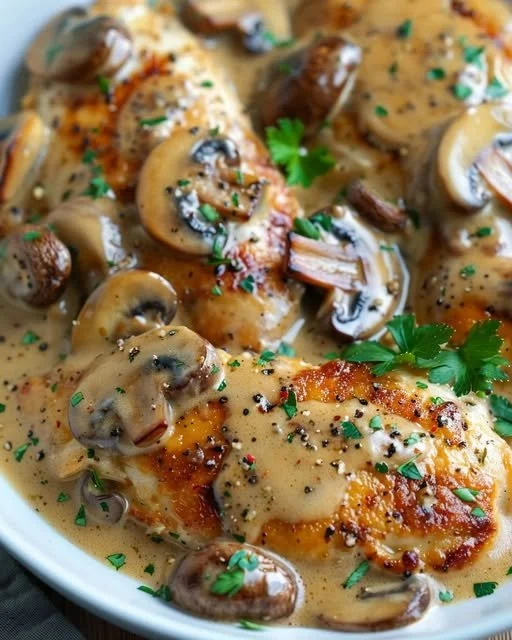 Delicious Chicken Mushroom Skillet in creamy Asiago and mustard sauce