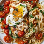 Plate of Chicken and Roasted Tomato Pasta garnished with herbs