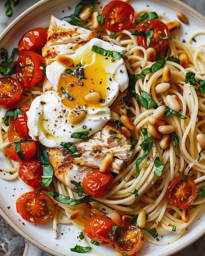 Plate of Chicken and Roasted Tomato Pasta garnished with herbs