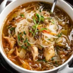 Bowl of Chicken Noodle Soup with Shirataki noodles and fresh herbs