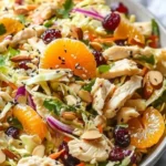 Delicious Chicken Coleslaw Salad topped with Ginger Sesame Dressing