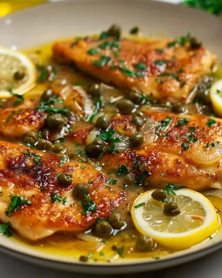 Plate of Chicken Piccata with Lemon and Capers served with fresh herbs