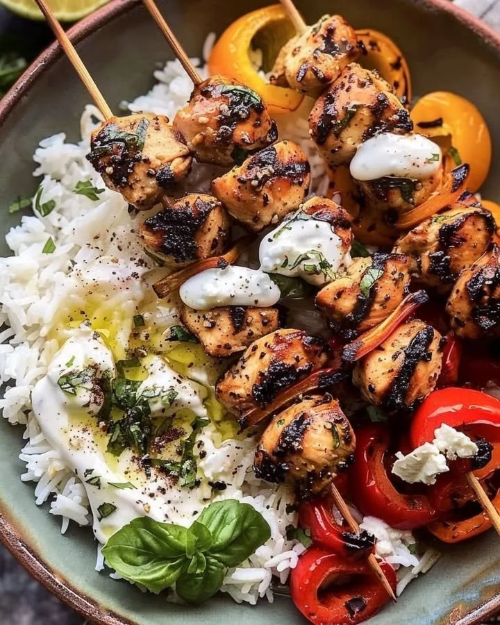 Grilled chicken skewers with charred peppers and herbaceous vinaigrette