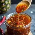Chili Pineapple Sauce in a glass jar with fresh pineapple and chili peppers.