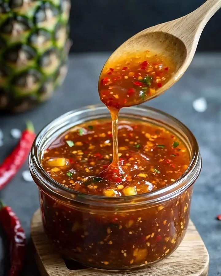 Chili Pineapple Sauce in a glass jar with fresh pineapple and chili peppers.