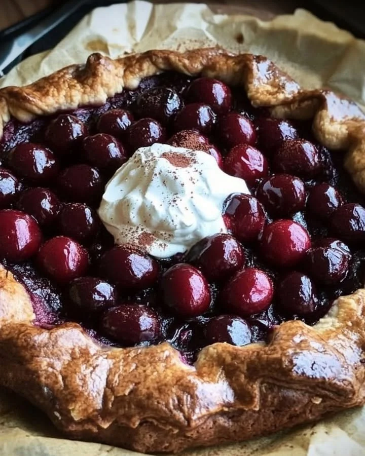 Chocolate Cherry Galette topped with whipped cream served on a rustic wooden table.