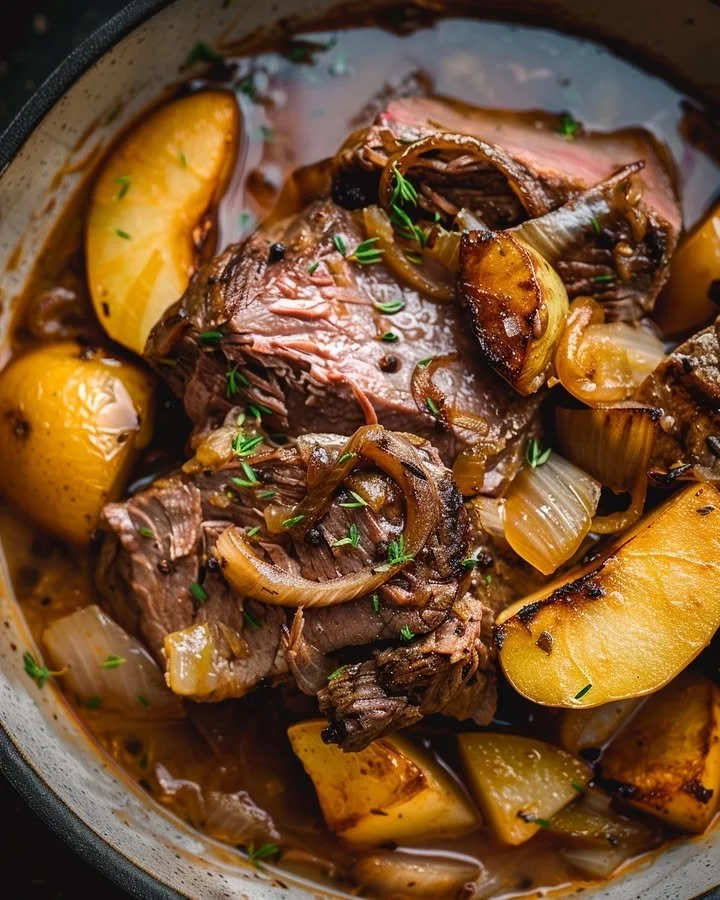 Cider braised beef served with apples and onions in a savory sauce