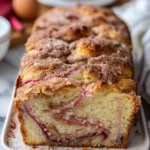 Sliced cinnamon swirl rhubarb bread on a wooden cutting board