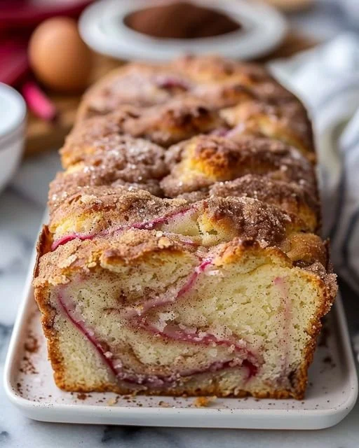 Sliced cinnamon swirl rhubarb bread on a wooden cutting board