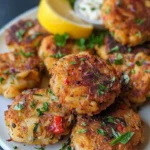 Delicious classic crab cakes garnished and served with a side sauce.