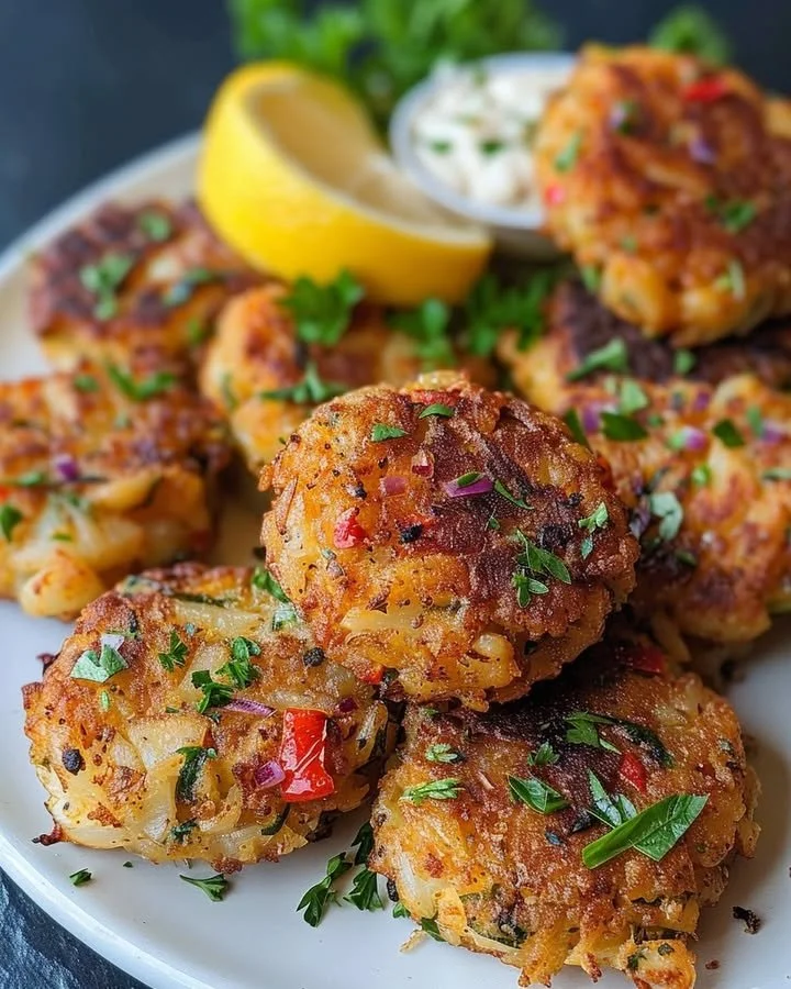 Delicious classic crab cakes garnished and served with a side sauce.