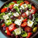 Classic Greek Horiatiki Salad with feta cheese and Kalamata olives.