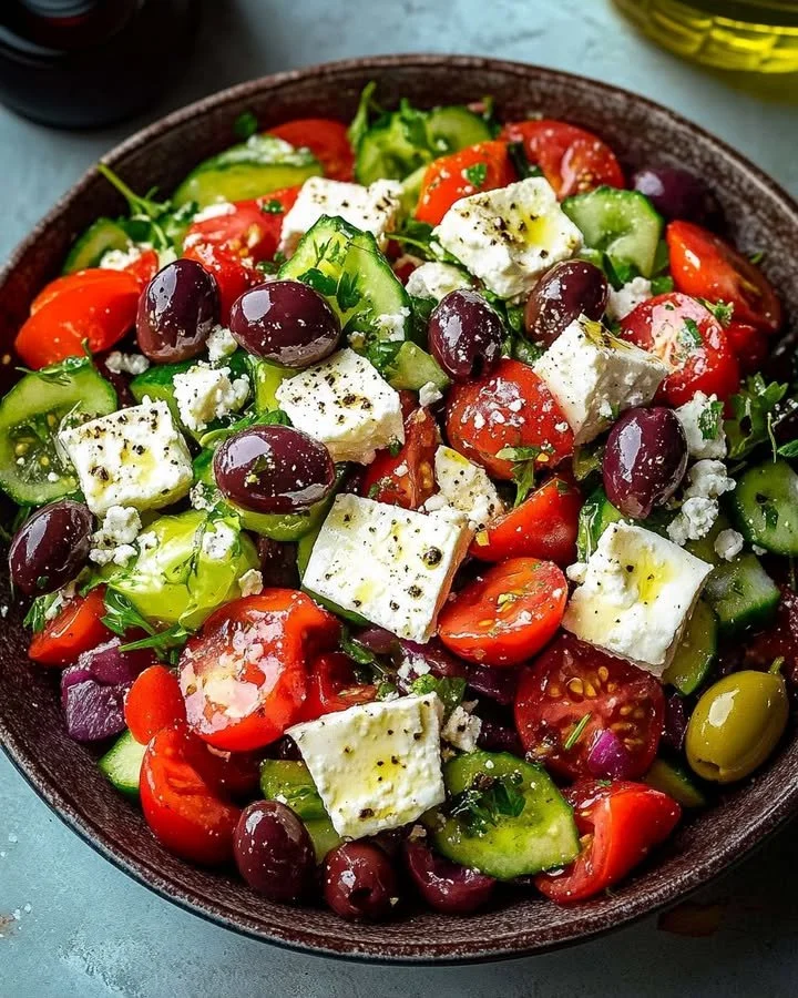 Classic Greek Horiatiki Salad with feta cheese and Kalamata olives.