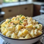 Bowl of classic homestyle potato salad topped with fresh herbs