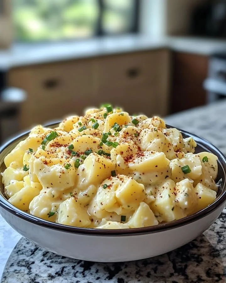 Bowl of classic homestyle potato salad topped with fresh herbs