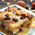 Delicious classic New Orleans bread pudding served warm with sauce