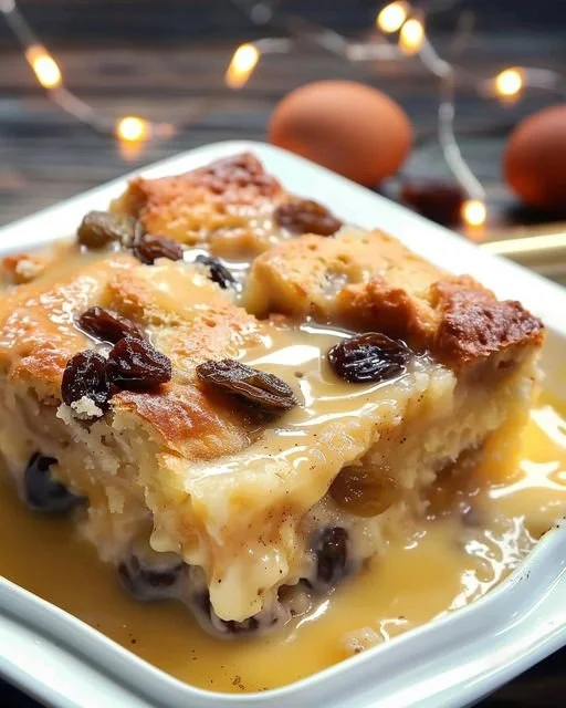 Delicious classic New Orleans bread pudding served warm with sauce