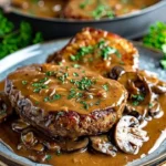 Classic Salisbury Steak served with rich mushroom gravy and garnishes