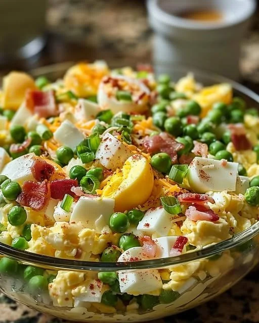 Classic Southern Pea Salad with peas, vegetables, and dressing in a bowl