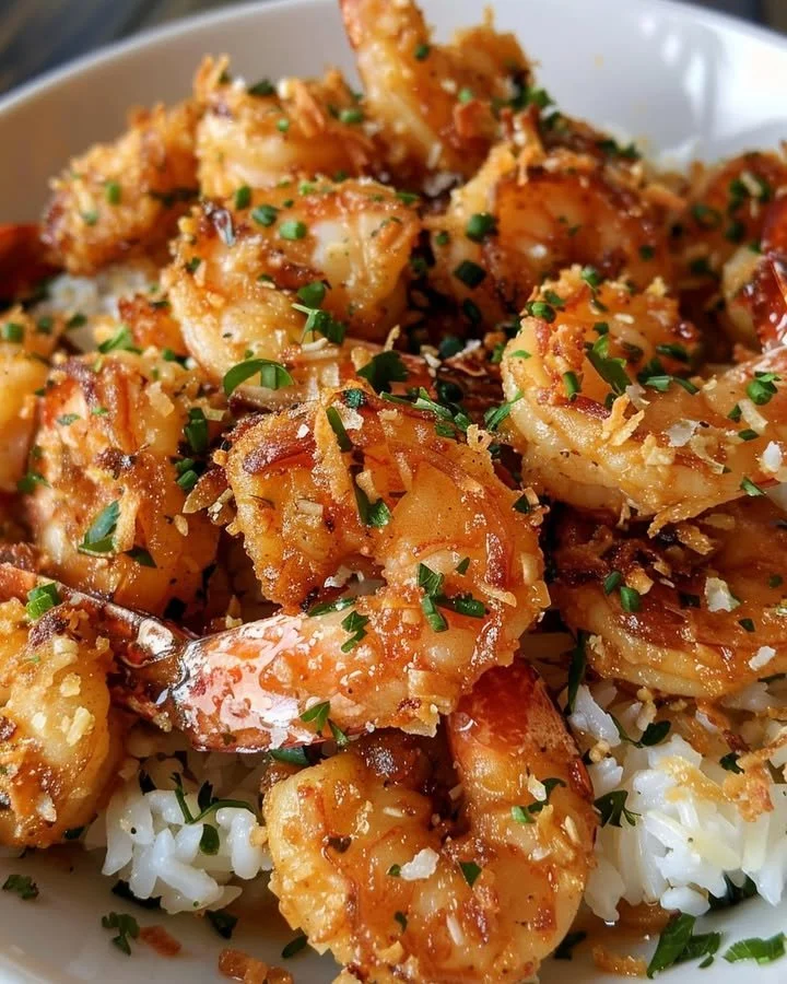 Plate of Coconut Crisp Shrimp served with fluffy springy rice