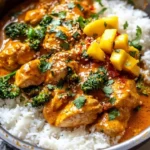 Delicious Coconut Curry Chicken with Sesame Mango Topping served on a plate