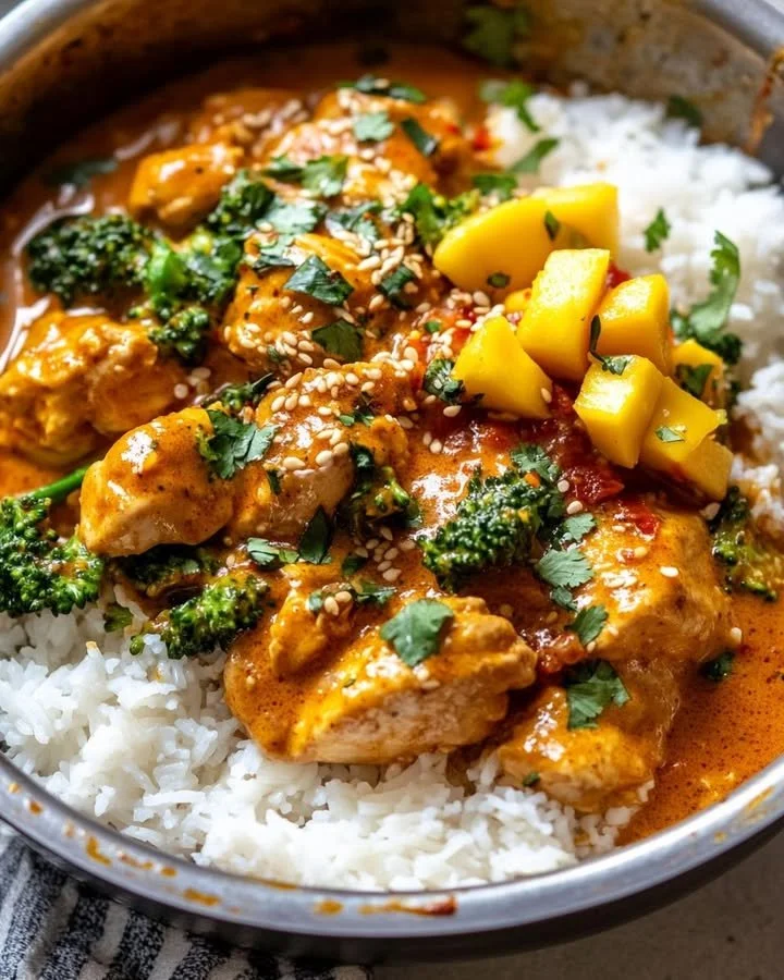 Delicious Coconut Curry Chicken with Sesame Mango Topping served on a plate
