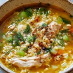 Bowl of Chicken Soup with Pearl Couscous garnished with fresh herbs