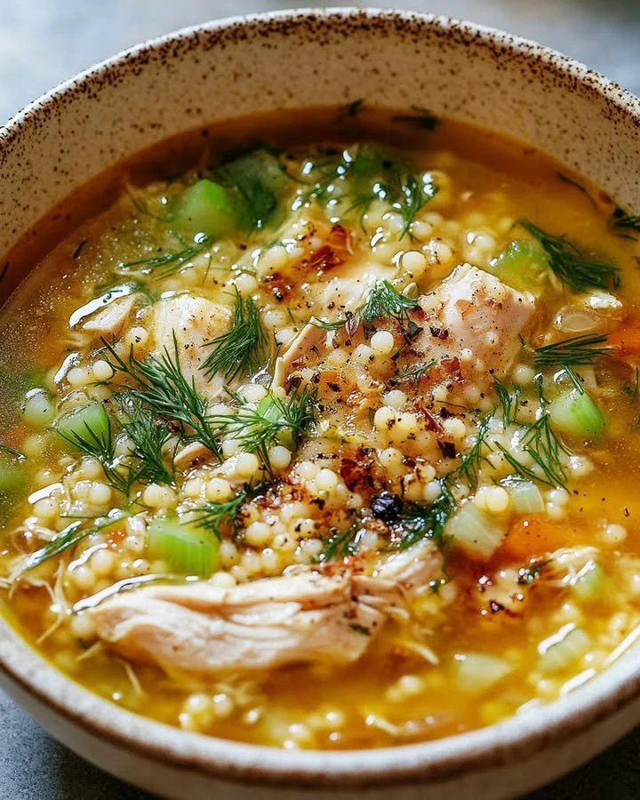 Bowl of Chicken Soup with Pearl Couscous garnished with fresh herbs