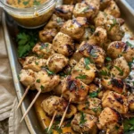 Plate of grilled Cowboy Chicken Skewers with colorful veggies