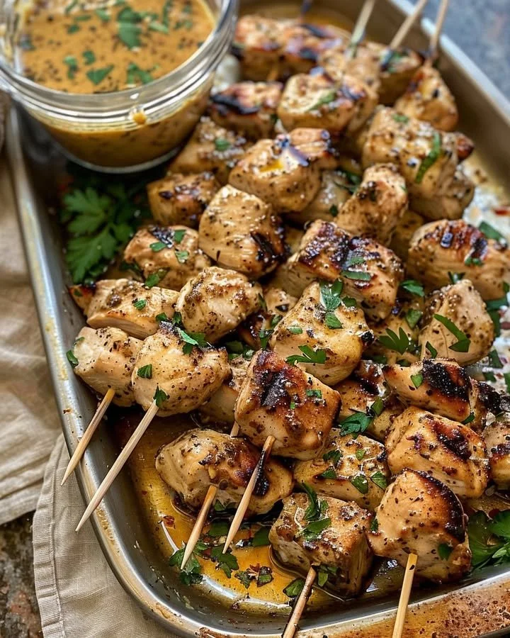 Plate of grilled Cowboy Chicken Skewers with colorful veggies