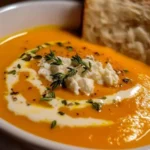 Bowl of cozy harvest pumpkin soup garnished with herbs and spices