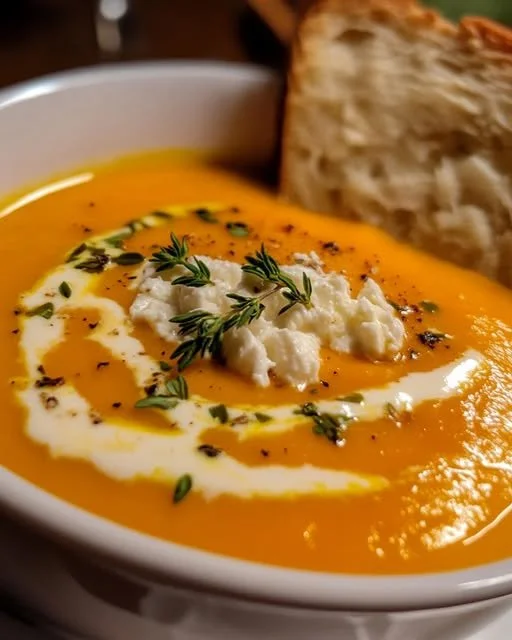 Bowl of cozy harvest pumpkin soup garnished with herbs and spices