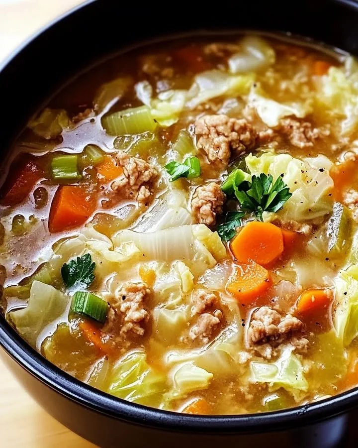 Bowl of warm Ginger Cabbage Soup garnished with fresh herbs