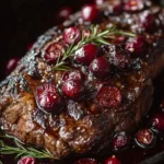 Cranberry Balsamic Ribeye Roast garnished and ready to serve