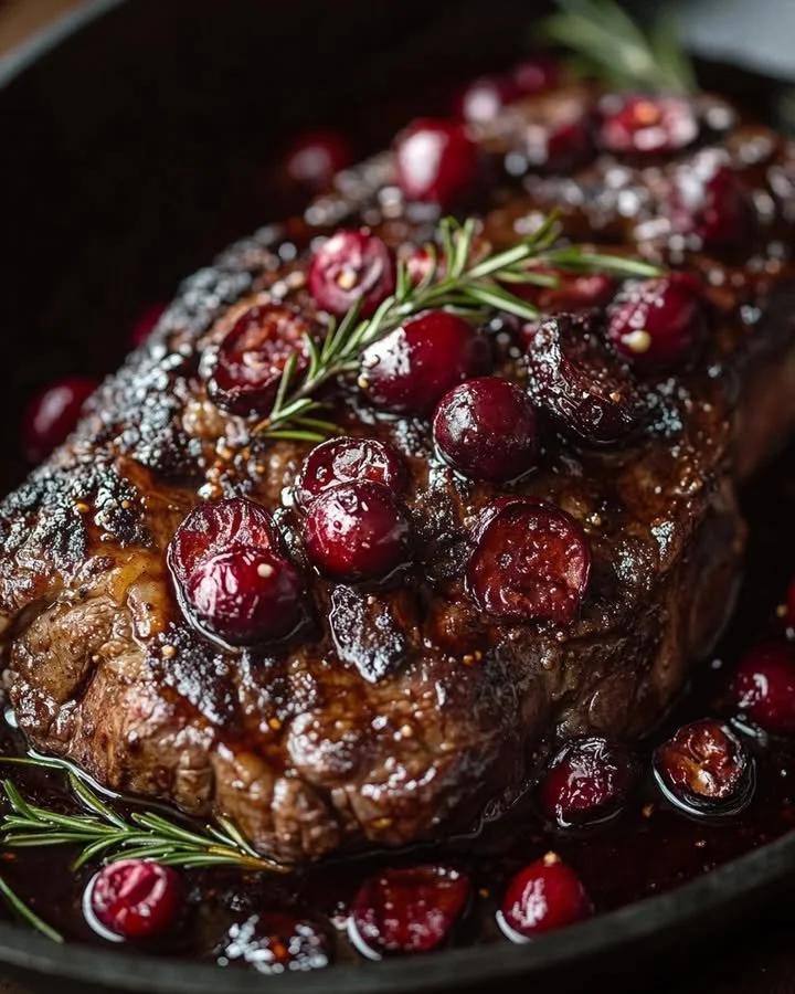 Cranberry Balsamic Ribeye Roast garnished and ready to serve