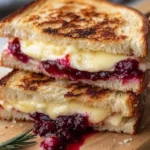 Cranberry brie and mozzarella grilled sandwich showcasing melted cheese and toppings.