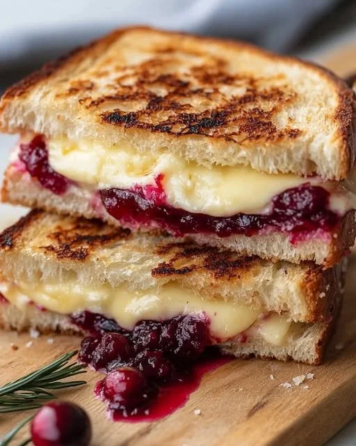 Cranberry brie and mozzarella grilled sandwich showcasing melted cheese and toppings.
