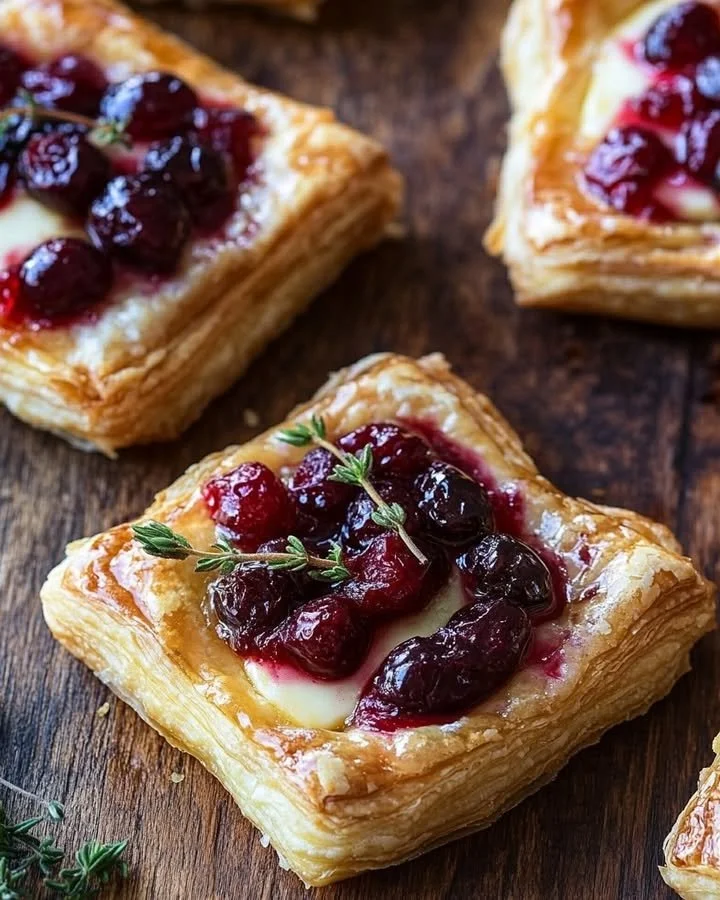 Cranberry Brie Puff Pastry Bites garnished with fresh cranberries and herbs