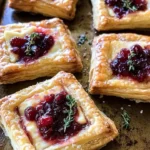 Cranberry Brie Puff Pastry Bites with Fig and Thyme on a serving platter