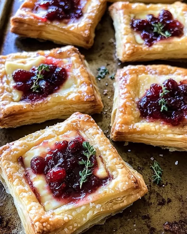 Cranberry Brie Puff Pastry Bites with Fig and Thyme on a serving platter