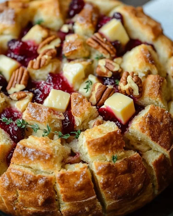 Cranberry Brie Pull-Apart Bread with melted cheese and cranberries