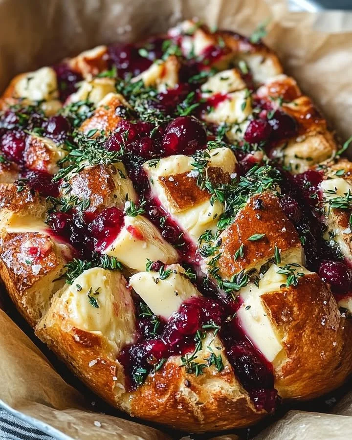 Cranberry Brie Pull-Apart Sourdough bread with melted cheese and cranberries