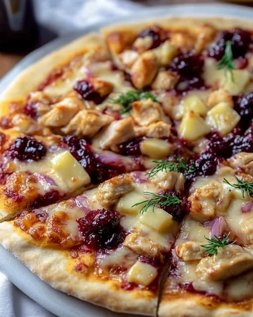 Cranberry Chicken and Brie Pizza topped with fresh ingredients and herbs