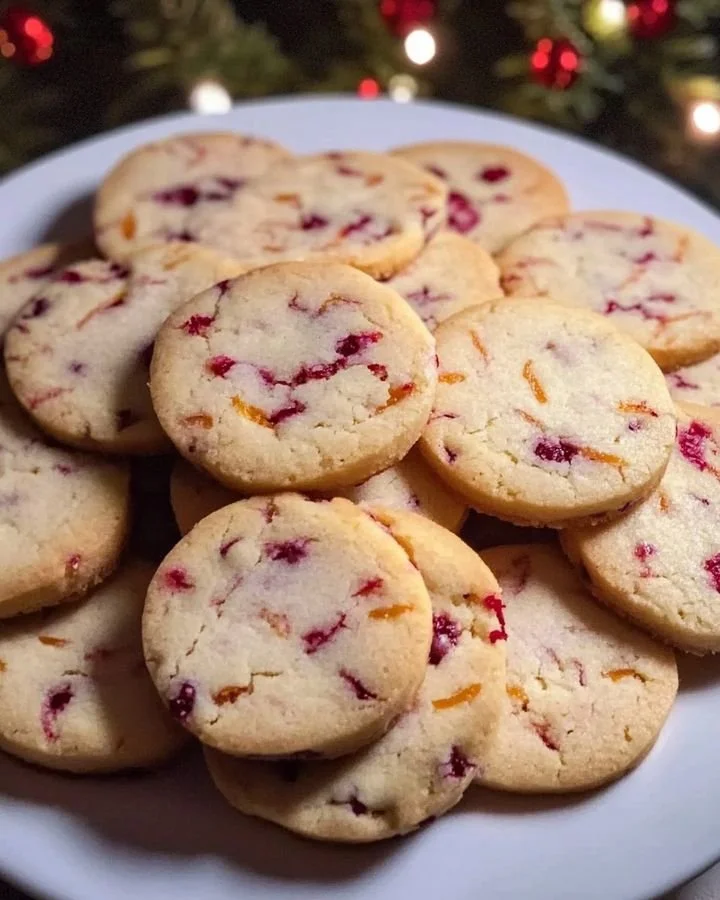 Freshly baked Cranberry Orange Shortbread cookies on a plate.
