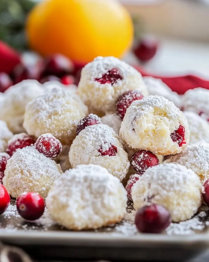 Cranberry orange snowball cookies dusted with powdered sugar on a plate