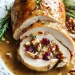 Cranberry pecan stuffed turkey breast served with cider gravy