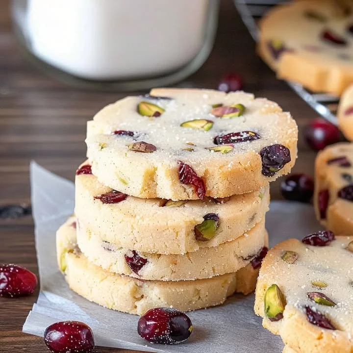 Cranberry Pistachio Shortbread Cookies with White Chocolate on a festive table
